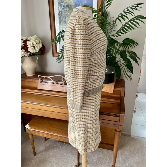 Vintage CISA OF ITALY Knit Cream Skirt Suit, Gold Silver Check Pattern, Size 10